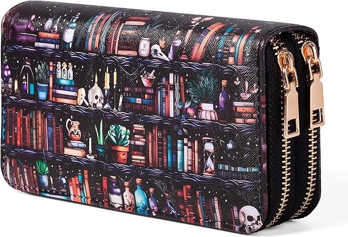 Womens Wallet, Goth Skull Bookshelf Credit Card Wallets, Female Book Purse Long PU Leather Card Holder Organizer, Cash Clutch Ladies Girls Gift