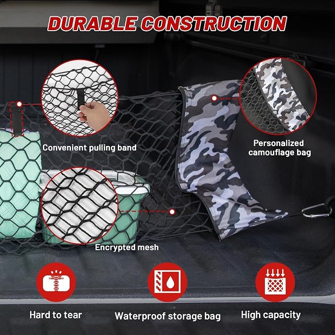 RED WOLF Truck Bed Cargo Net with Storage Bag Fit for GMC Sierra/Chevy Silverado/Ford F-150, Universal Envelope Style Pickup Truck Elastic Organizer Net Groceries Storage Netting