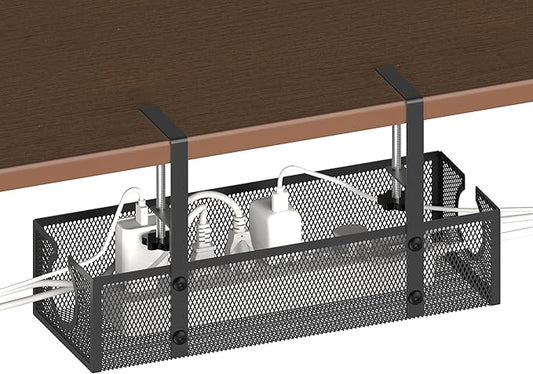 Under Desk Cable Management Tray - Fits up to 1.77" Thick Desks, No-Drill Clamp-on Wire Organizer, Reversible Inward/Outward Install, Heavy Duty Metal Power Strip Holder for Home Office & Gaming Desk