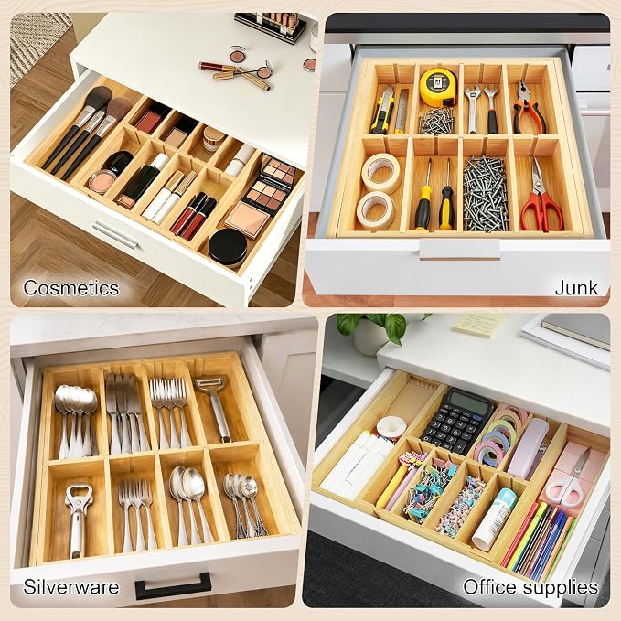 TREWAVE Bamboo Desk Drawer Organizer, Expandable Drawer Organizer Tray with Adjustable Dividers, Wooden Storage Organizers for Office Supplies, Crafts, Makeup & Kitchen Cutlery, 12.6" - 15.6" Wide