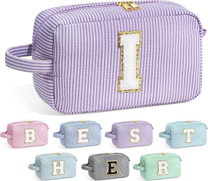 YOOLIFE Initial Cosmetic Bag for Women - Monogram Cute Makeup Bag Cosmetic Case Toiletry Pouch for Women Her Best Friend Sister Teacher, Personalized Birthday Gifts for Women, Purple I