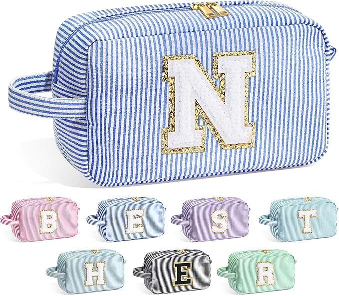 YOOLIFE Personalized Gifts for Mom - Initial Makeup Bag Cosmetic Bag Toiletry Pouch, Personalized Birthday Gifts for Mom Grandmother Stepmother, Mother In Law Gifts, Mothers Day Gifts, Blue N