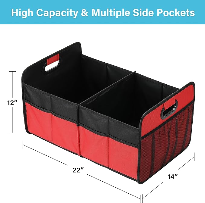 Simple Deluxe Trunk Organizer for Car/SUV/Truck, Collapsible 2 Compartment 50L Automotive Storage Box with 5 Pocket, 600D Waterproof Oxford Polyester, Anti-slip & Leak-proof, Red New