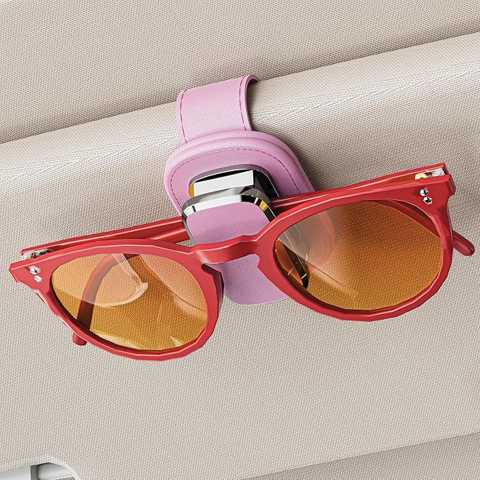 Sunglass Holder for Car Visor, One-Handed Operation Leather Sunglasses Clip with Soft Padding, Auto-Clamping Eyeglasses Organizer for Sun Visor, Universal Car Accessories (Pink)