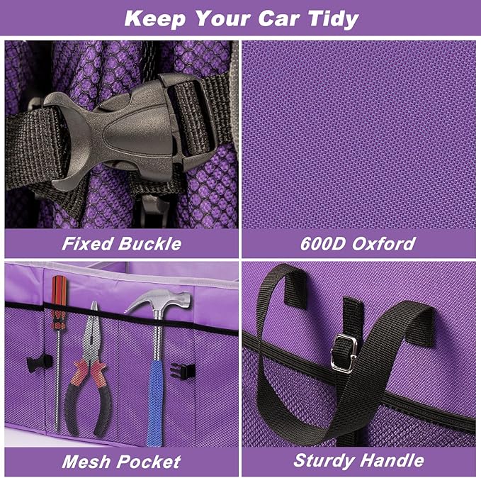 Collapsible Trunk Organizer, 102L Large Capacity Portable Car Storage for SUV, Purple, 3 Compartments