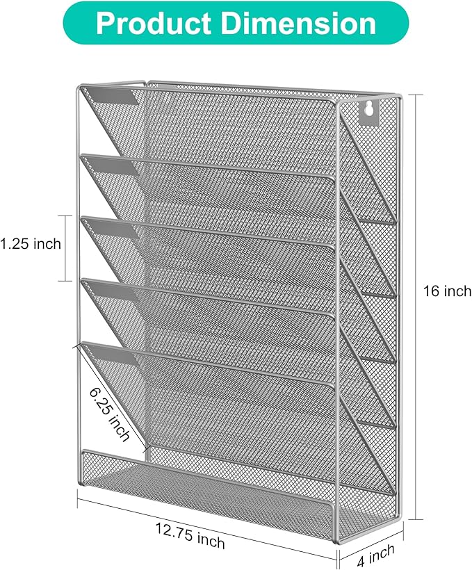 EasyPAG 5 Tier Wall File Holder, Mesh Hanging Folder Organizer with Classify Label, Versatile Desk File Holder, Vertical Wall Mounted Mail Organizer for Office Home Cubicle, Silver