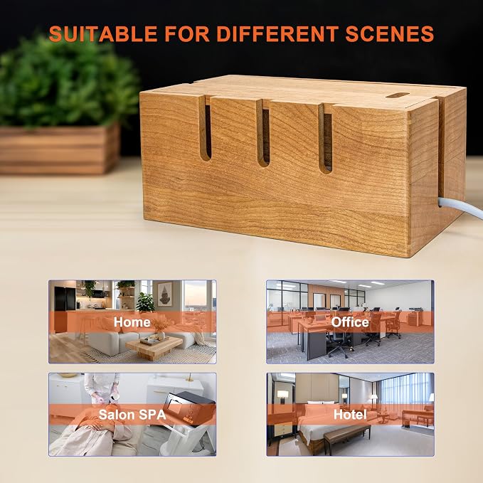 Elitzia Wood Cable Tidy Box Large Desk Cable Management Box Cord Wire Organiser for Hiding Messy Cables Wire Management Natural Cherry Wood Cables Storage Tidy Boxs for Home Salon SPA Office ETCHER01