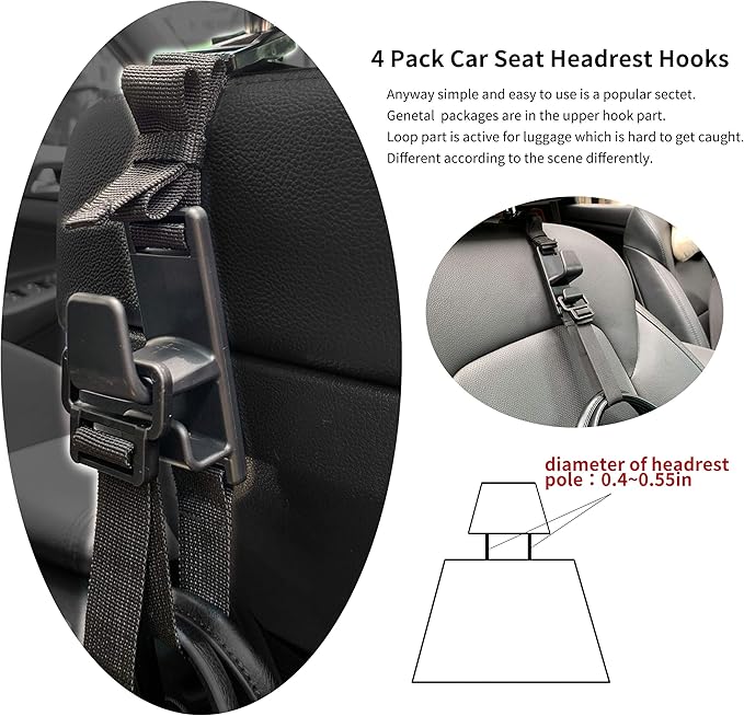 4-Pack Headrest Hooks for Car Universal Interior Auto Vehicle Back Front Seat Hanger Holder Organizer for Handbags Purses Coats and Grocery Bags