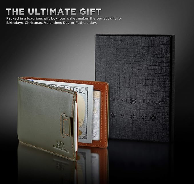 SERMAN BRANDS RFID Blocking Slim Money Clip Wallet – Leather Bifold Front Pocket Minimalist Mens Wallet with Money Clip for Men, Small Credit Card Holder Wallet - Travel Wallet with Gift Box