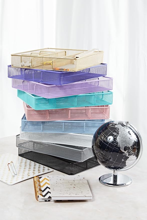 Annova Desk Top Organizer Tray for Office Organization - Metal Mesh - Storage Tray with Dividers for Pens, Desktop Accessories, Bathroom, Kitchen, Makeup and Office Supplies (Large, Light Pink)