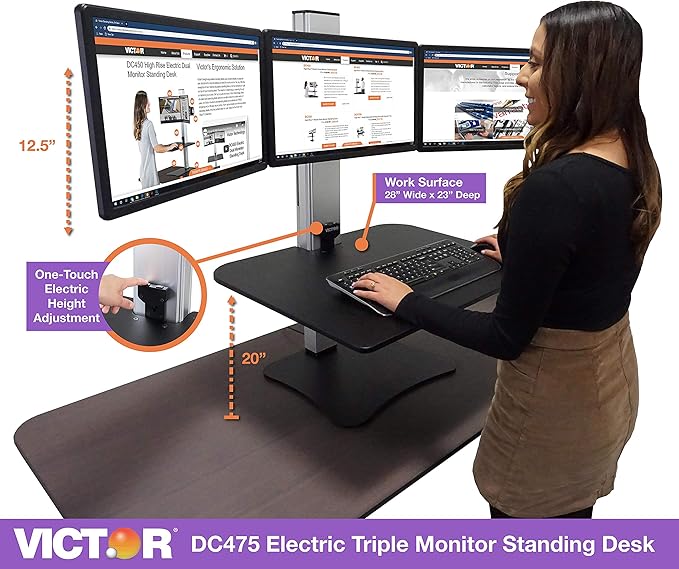 Victor DC475 High Rise Electric Triple Monitor Standing Desk Converter | Three Large Monitor Sit-Stand Desk | 28??Wide Work Surface | Compatible with Any Standard Desk | Adjustable Monitor Holder