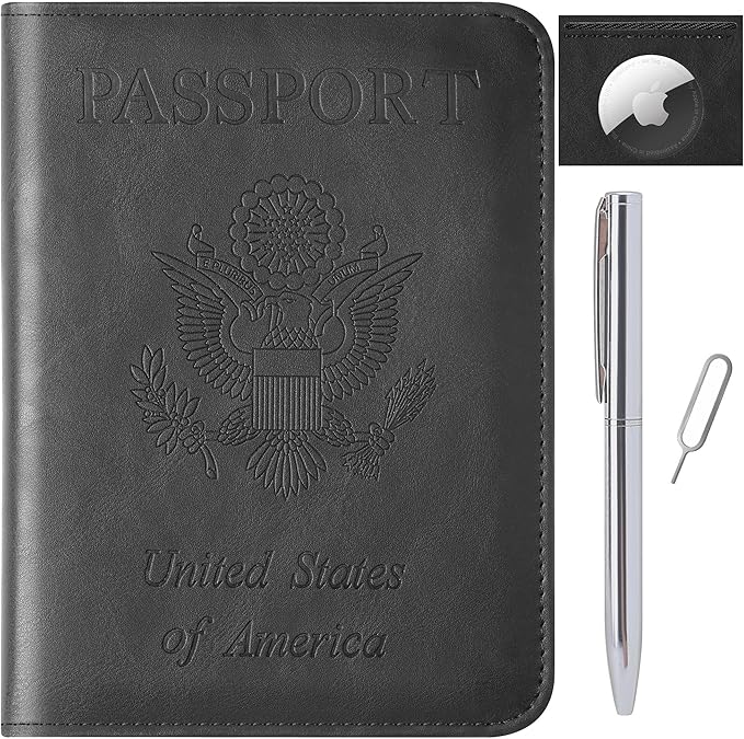 Airtag Passport Holder for Travel Essentials Wallet Rfid Blocking Cover Leather Case Vacation Travel Accessories for Women Men (601#Black)