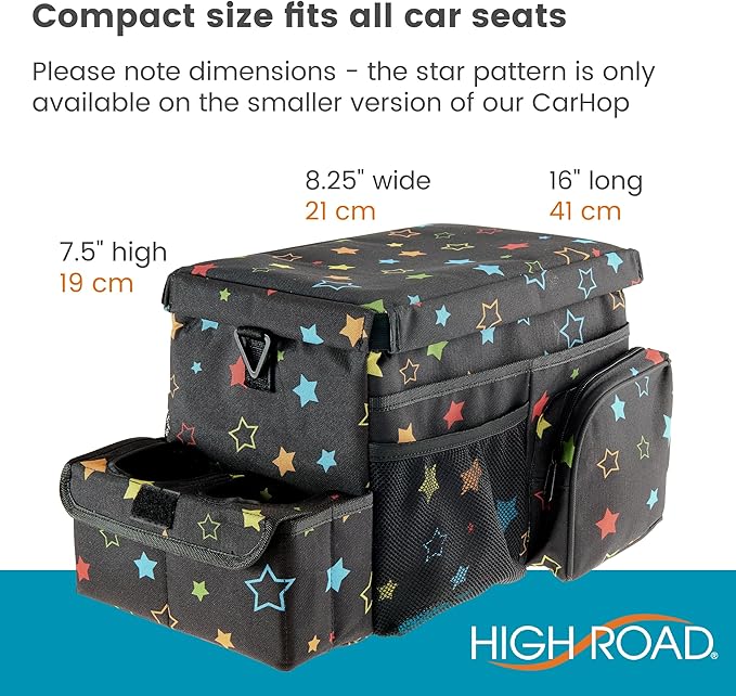 High Road CarHop Car Caddy Organizer with Road Trip Cooler, Car Cup Holder Bin, Sturdy Snack and Play Lid and 6 Organization and Storage Pockets, Starry Night