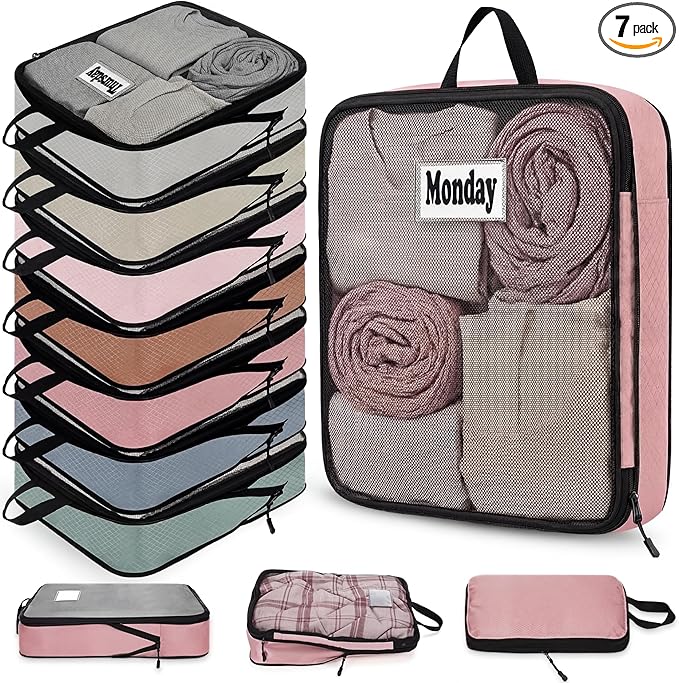 7 Pcs Packing Cubes for Travel Days of Week Compression Packing Cube with Labels Organizers Luggage Storage Bag(Vibrant Color,Large)