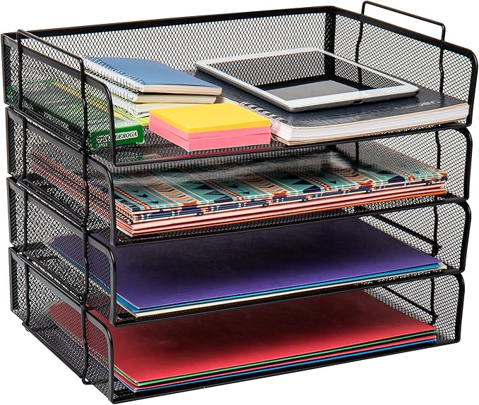 Mind Reader Stackable Paper Tray, Desktop Organizer, File Storage, Office, Metal Mesh, 4 Pcs., Black