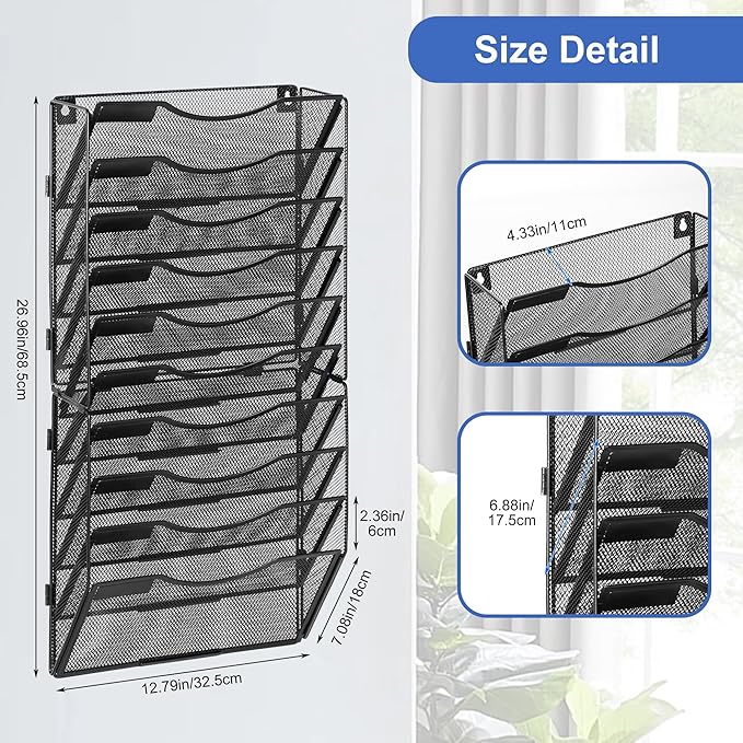 EasyPAG Wall File Organizer for Office 10 Pocket Mesh Wall Mounted Paper Organizer Hanging Folder Holder with Nametag Label for Home School, Black