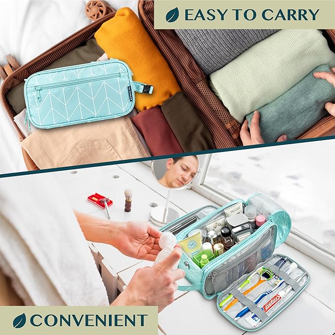 PAVILIA Toiletry Bag for Men Women, Hanging Travel Dopp Kit Organizer, PU Leather Water-Resistant Bathroom Bag for Shaving Grooming, Large Capacity Cosmetic Bag Travel Essentials, Teal Chevron