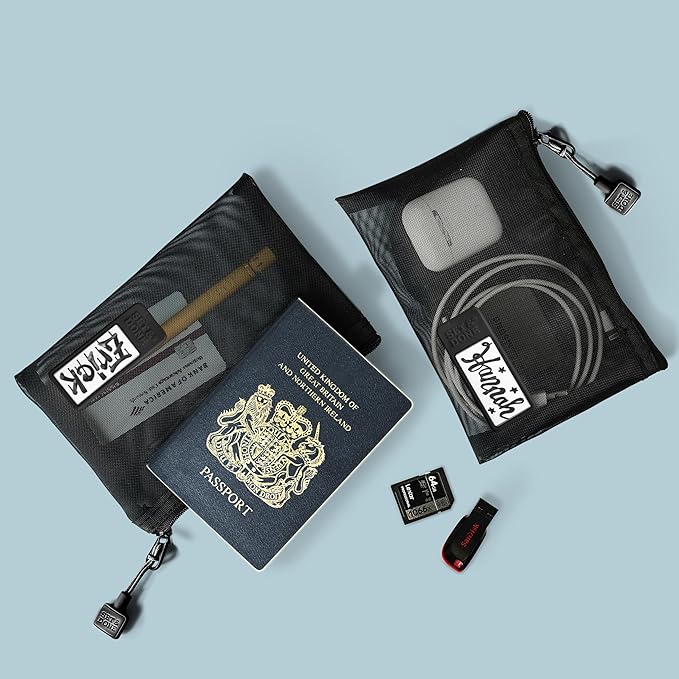 Set & Done Onama Flexi Mesh Zipper Pouch – Durable Clear Nylon Storage Bag with Name Tab for Makeup, Travel, Diaper Bag & Office Organizing