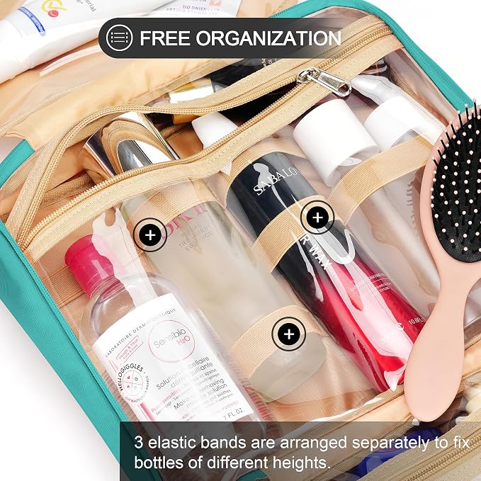 Travel Hanging Toiletry Bag for Women, with Jewelry Organizer Compartment, Medium Waterproof Hanging Makeup Accessories, Cosmetic Essentials, Toiletries Dopp Kit Set with Trolley Belt, Blue