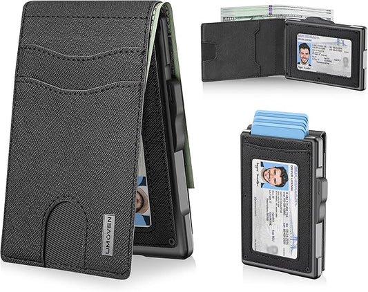 umoven Wallet for Men - Pop Up Case, Cash Slot, and Credit Card Slot - Slim Aluminum Wallet with RFID Blocking, Minimalist Leather Wallet Front Pocket with ID Window (Gravel Black)