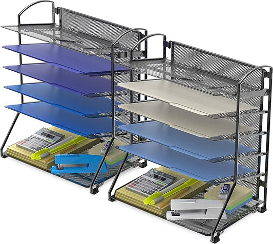 Simple Houseware 6-Tier Sliding File Organizer, Desk Letter Tray for Document and Mail Sorting, Black, 2 Packs