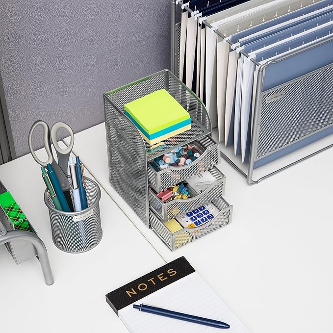 Mind Reader Desktop Accessory Storage, Paper Binder Clip Basket, Workspace, Office, Metal Mesh, 4.75"L x 5"W x 8"H, Silver