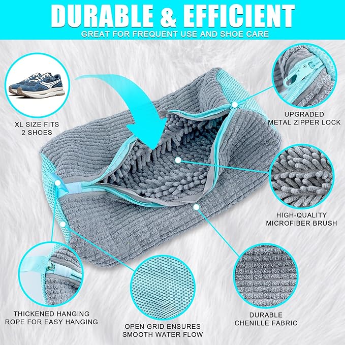 Shoe Washing Machine Bag, 2 Pack – Reusable, Fits All Shoe Types, 360° Deep Cleaning with Self-Locking Zipper, Wash Two Pairs at Once, Protects Shoes and Washing Machines(Gray)