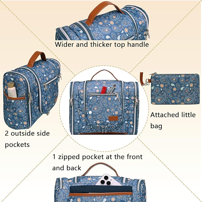 Hanging Toiletry Bag for Women, Travel Makeup with Metal Swivel Hook, Organizer for Full Sized Cosmetics and Toiletries,Water-Resistant Nylon,Paisley Floral