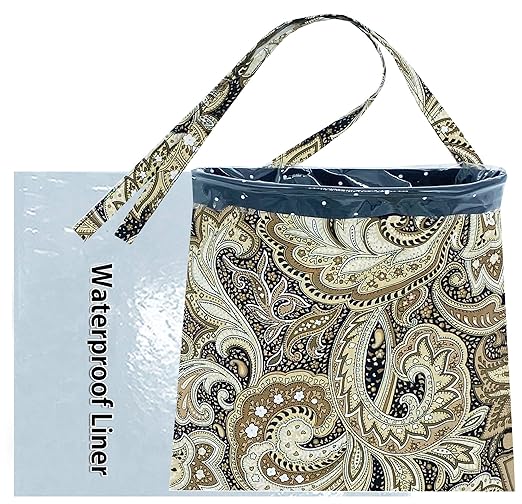 Car Trash Can Beige, Small, 0.7L, Plastic, Square, Open-Top, Reusable Waterproof Liner, 5 Disposable Bags, Hangs Front, Back Seat, Headrest, Console - Cute Beige Car Garbage Holder