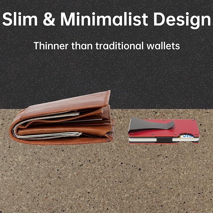 Slim Wallet for Men,RFID Blocking Minimalist Metal Wallet, Money Clip/Cash Holder, Front Pocket Aluminum Credit Card Holder, Ideal Gift for Men,Matte Red