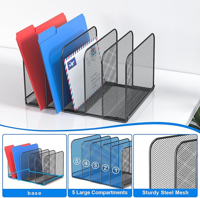 TOPCJ 5 Sections Desk File Holder/Rack/Sorter,Mesh File Organizer,File Folder Organizer,Metal Upright Desktop Organization for Documents,Magazine,Kitchenware,Antiskid,Antirust,Sturdy,2 Packs