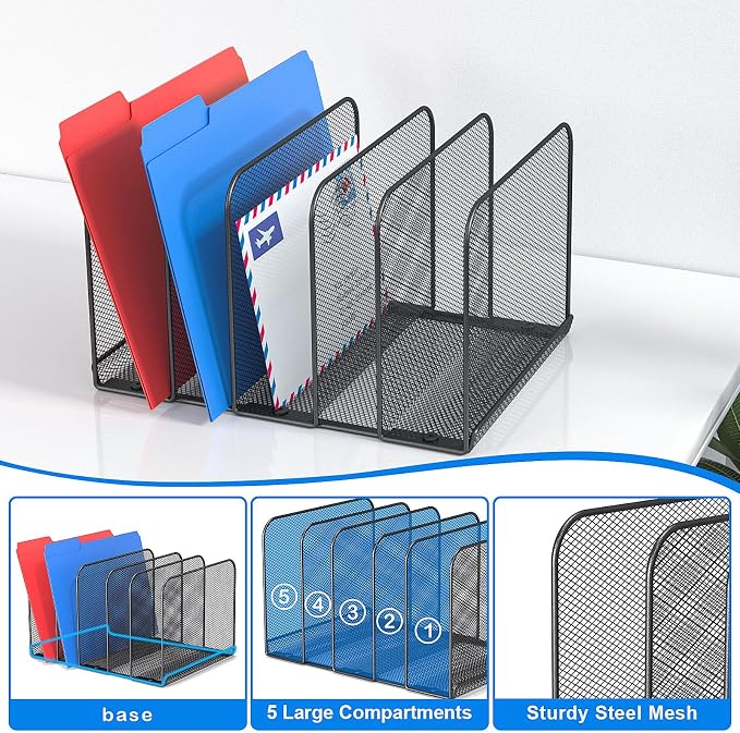 TOPCJ 5 Sections Desk File Holder/Rack/Sorter,Mesh File Organizer,File Folder Organizer,Metal Upright Desktop Organization for Documents,Magazine,Kitchenware,Antiskid,Antirust,Sturdy,1 Pack