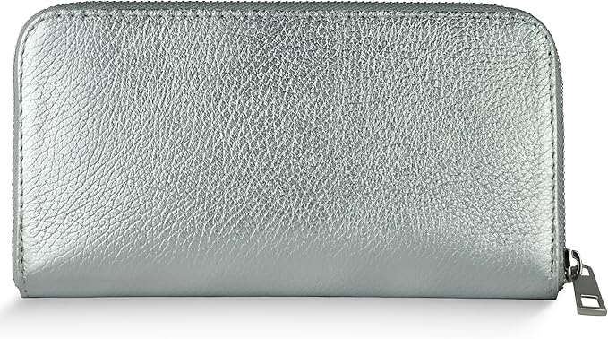Italian Genuine Metallic Leather Wallet for Women with 3 Compartments & Zip Close | Small Rectangular Card Holder (Silver)