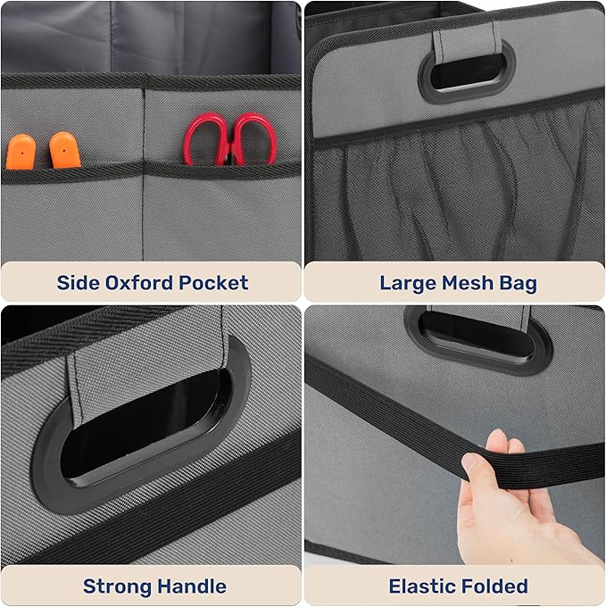 YSSOA Trunk Organizer for Car/SUV/Truck, Collapsible 2 Compartment Automotive Storage Box, 600D Waterproof Oxford Polyester 50L Travel Accessories, Anti-slip & Leak-proof, Grey (Pack of 2)