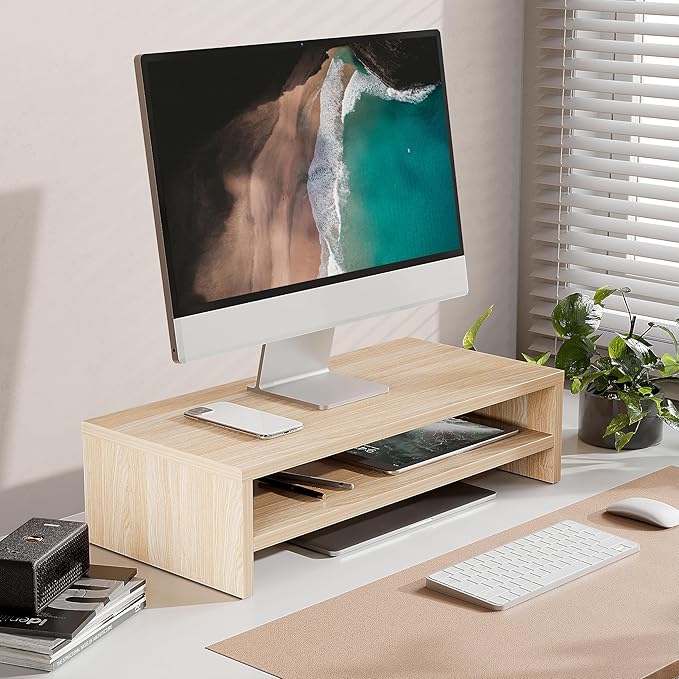 FITUEYES Monitor Stand - 2 Tier Computer Monitor Riser with 21.3 Inch Shelf, Wood Desktop Stand for Laptop Computer Screen, Desk Organization, Office Supplies