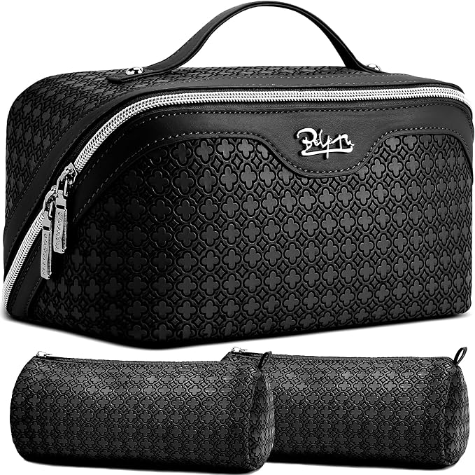 BOYATU Travel Makeup Bag for Women: Four Leaf Clover Large Capacity 3 Pcs Set Cosmetic Bags - Waterproof 50% Extra Space for Toiletry Organizer - Travel Essentials for Fortunate (06 Black)