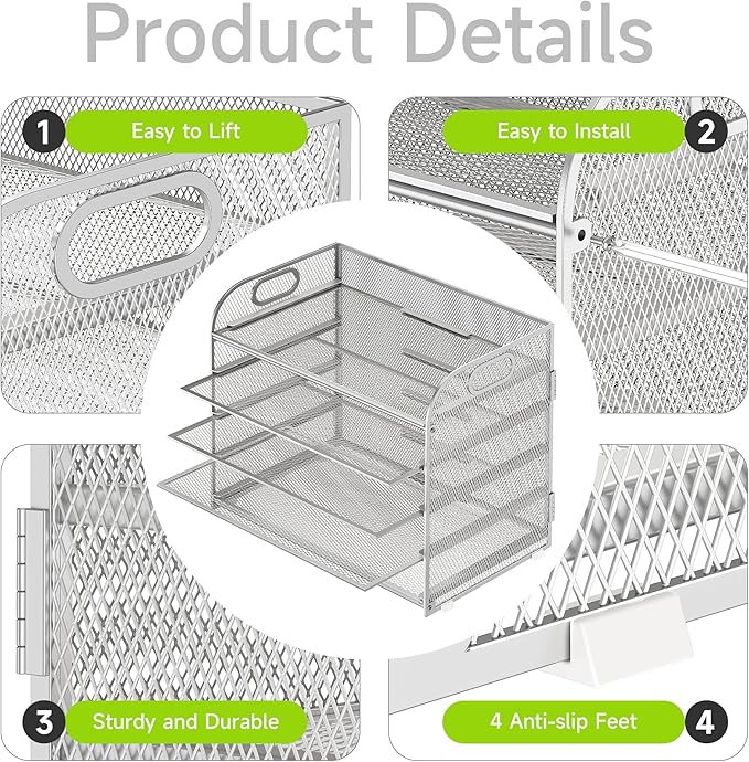 Cawukege 5 Tier Paper Organizer with Handle, Silver Metal Mesh Desk Organizer File Folder Paper Letter Tray Desktop Document Sorter for Classroom, School, Office Accessories Organization and Storage