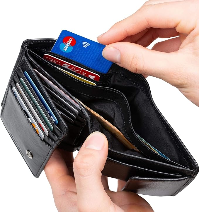 DiLoro Mens Full Size Large Capacity Genuine Full Grain Leather Wallet Bifold Flip ID Coin & Zip Pockets RFID Blocking Anti-Theft (Black Nappa)