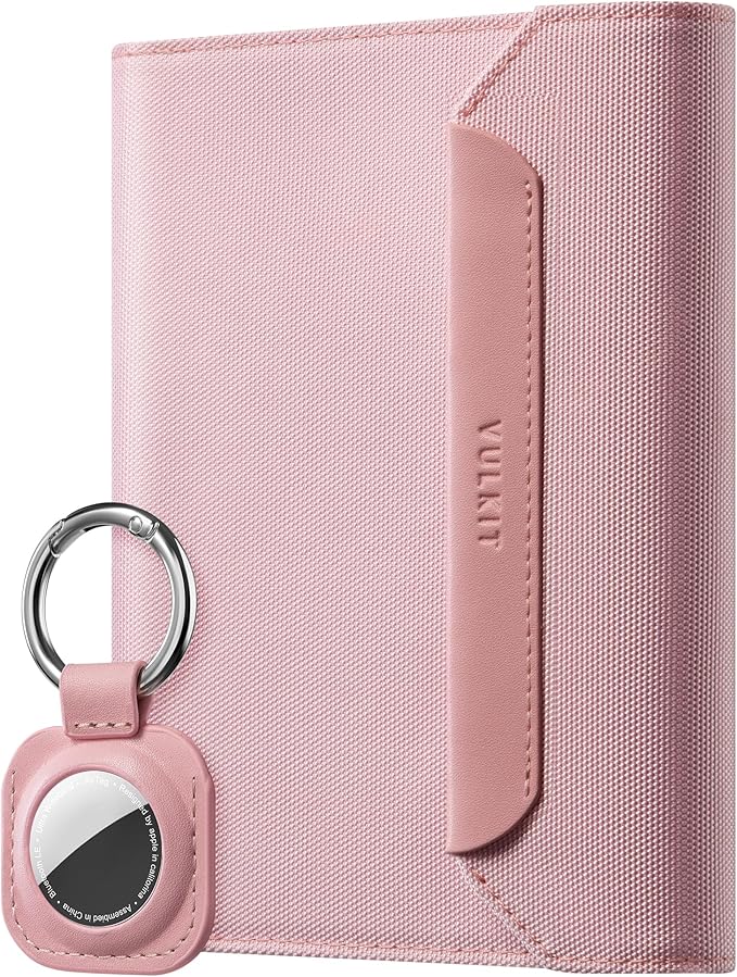 VULKIT Passport Wallet with Detachable AirTag Holder, Vegan Leather Passport Holder, RFID Blocking, Travel Essential, Magnetic Closure, Pink