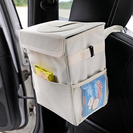 AOKJOY Car Garbage can with lid Leak Proof Vehicle Trash Can 3 Storage Pockets Hanging Waterproof car Trash Bag for SUV Beige