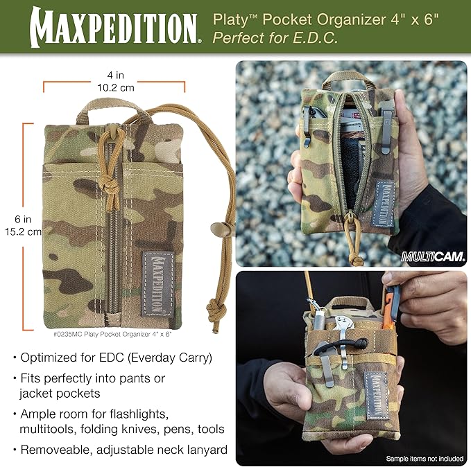 MAXPEDITION Platy Pocket Organizer, Durable EDC Tool Pouch for Men, Neck Wallet with Paracord Lanyard, Holds Flashlight, Multitool, Pen, Notebook