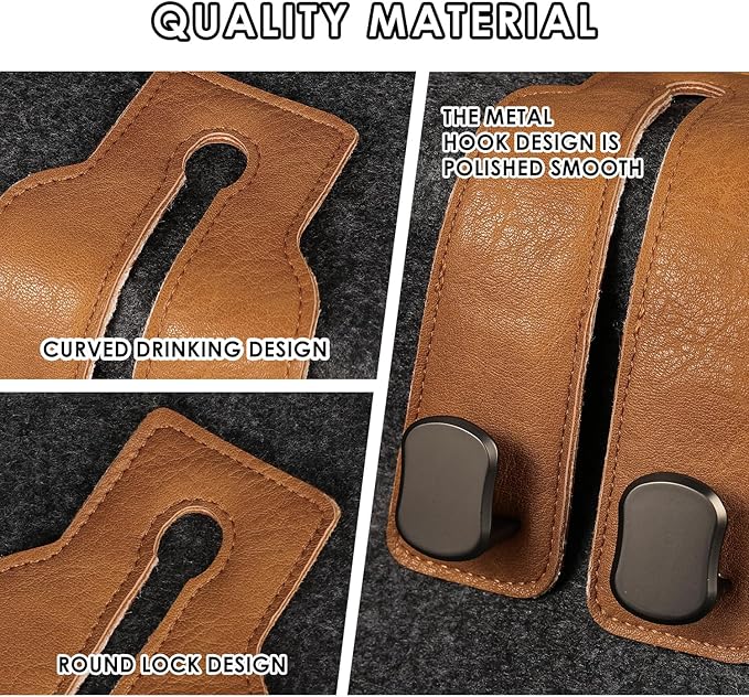 KINIVA Car Seat Headrest Storage Hooks, Set of 2, Suede PU Leather, Double Hooks (06-Brown)