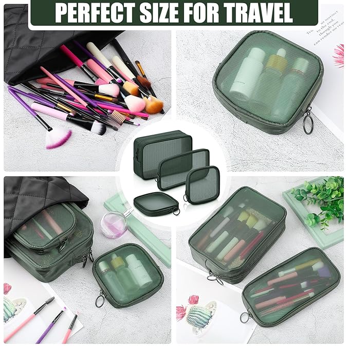 Weewooday 4 Pcs Mesh Makeup Bag Mesh Cosmetic Bag Travel Toiletry Pouch with Zipper Mini Makeup Cosmetic Purse for Daily Accessory(Small, Large, Medium,Olive Green)