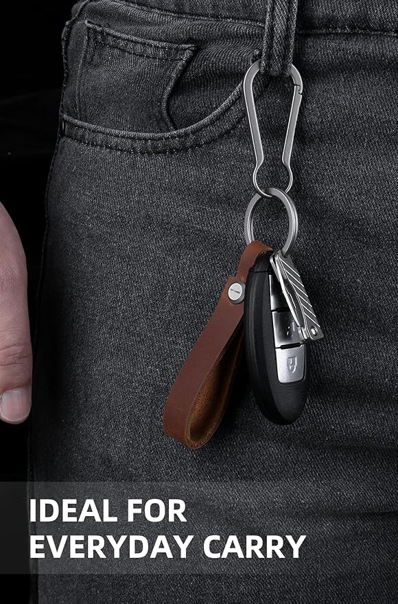 KEEPO LINK Leather Keychain Strap with Titanium Key Ring, Detachable Leather Key Chain Key Fob Holder for Men, OLM03 (Black)