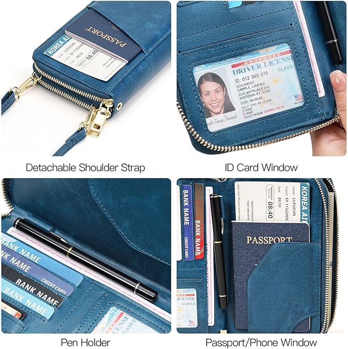 GOIACII Passport Wallet Travel Crossbody Bags for Women Wristlet Phone Purse Double Zip Vegan Leather Blue
