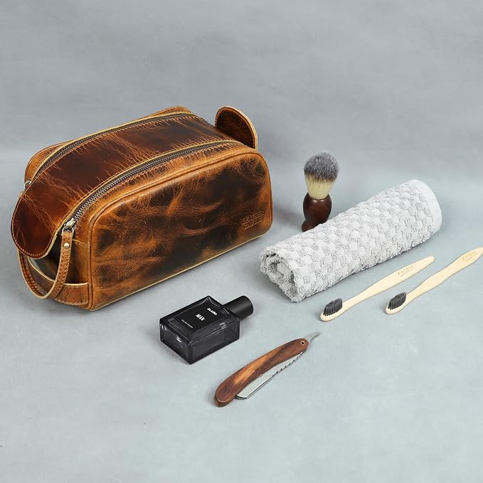 Toiletry Bag | Leather Dopp Kit for Men & Women with Multiple Compartments, Water-Resistant, Durable, Stylish | Portable Grooming Organizer for Shaving, Makeup, Essentials (Brown)