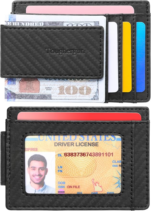 Toughergun Slim Wallet for Men RFID Blocking Money Clip, Minimalist Front Pocket Credit Card Holder, Magnetic Thin Mens Wallets with ID Window