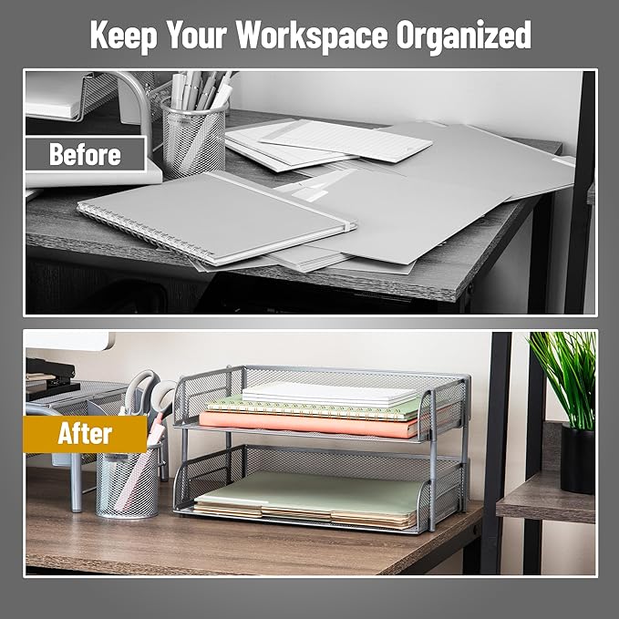 Mind Reader 2-Tier Stackable Paper Tray, Desktop Organizer for Letter-Size Documents, Office File Storage, Metal Mesh, Set of 2, Silver