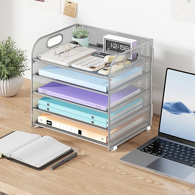 Cawukege 5 Tier Paper Organizer with Handle, Silver Metal Mesh Desk Organizer File Folder Paper Letter Tray Desktop Document Sorter for Classroom, School, Office Accessories Organization and Storage