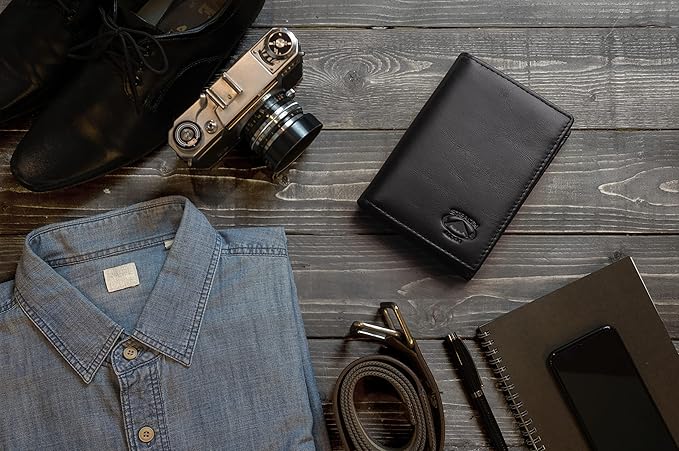 Stealth Mode Men's Slim Front Pocket Wallet - RFID Blocking, Thin Minimalist Bifold Design, Genuine Leather - ID Badge Window and 5 Sleeves for Money, Credit and Debit Cards, Driver's License - Black